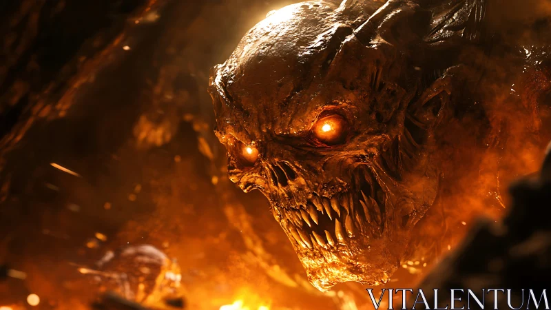 Burning demonic skull creature in fiery cavern environment.