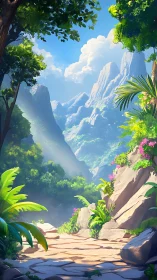 Tropical mountain pass with stone path and dense foliage.