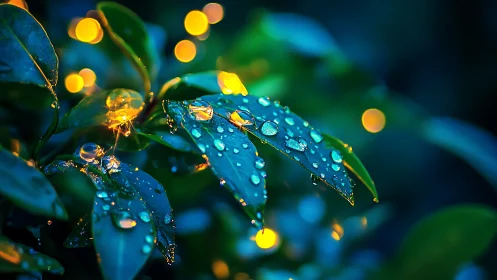 Rain-kissed leaves sparkle gently against soft golden lights