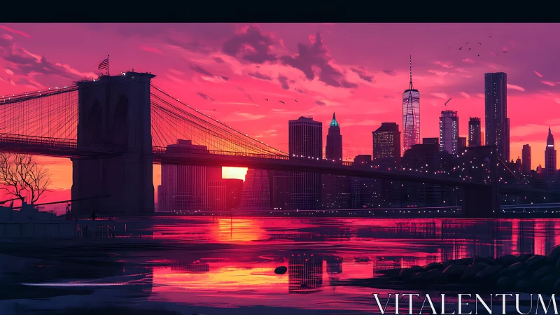 Sunset-drenched city skyline glows beside a quiet bridge