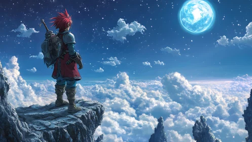 Fantasy swordsman overlooking luminous moonlit cloud sea.