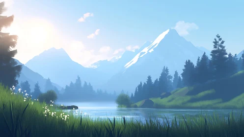 Sunlit alpine lake beneath misty snow-capped peaks.