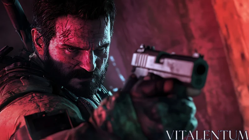 Battle-hardened gunfighter locked in neon-soaked standoff.