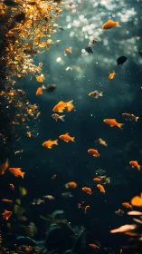 Sunlit goldfish drifting through a dreamy underwater garden.