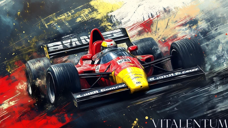 Red and yellow Formula race car in dynamic motion scene.