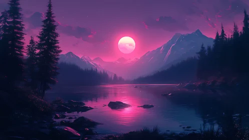 Neon moonrise over crystal lake in electric violet dusk.