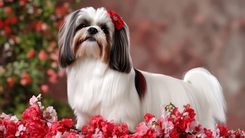 Shih Tzu with red bow standing among pink flowers.
