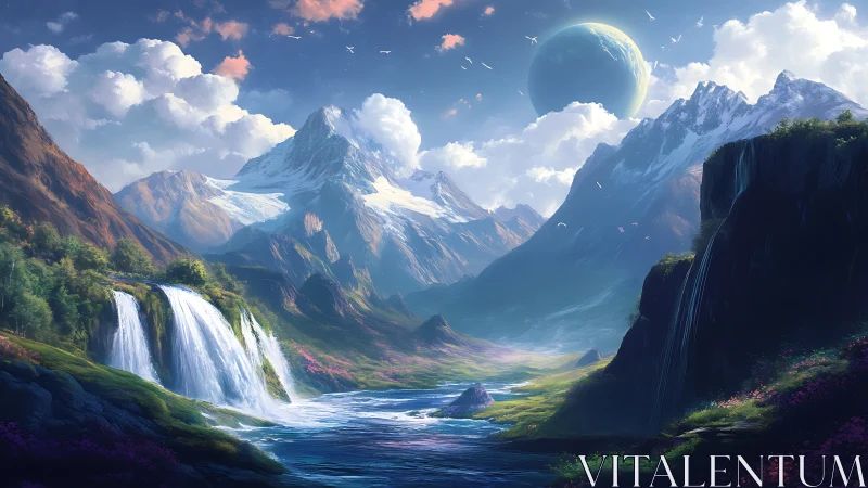 Distant waterfalls sparkle beneath snowy peaks and gentle skies