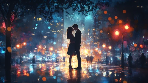 Silhouetted Couple Embracing in Neon-Lit Metropolitan Landscape.