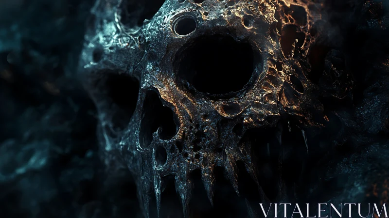 Eroded molten skull structure in cinematic 3D lighting design.