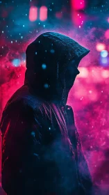 Hooded urban silhouette dissolves into neon vapor haze