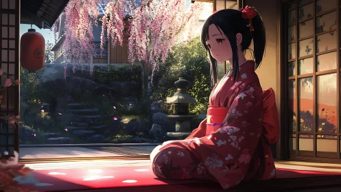 Kimono-clad girl in tatami room under cascading sakura light.