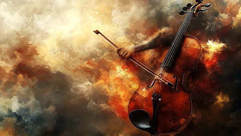 Cello on fire sings through swirling stormy color clouds.