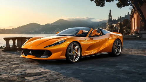 Sunlit orange supercar rests by a tranquil lakeside promenade