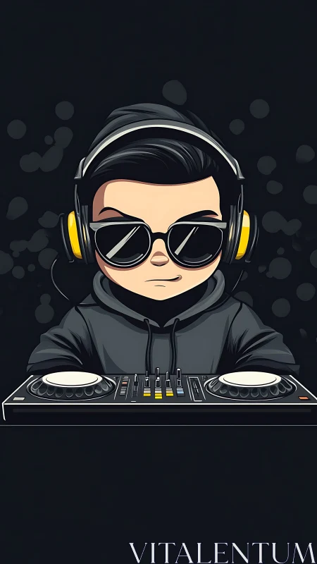 Midnight hoodie DJ spins neon beats in cartoon cool.