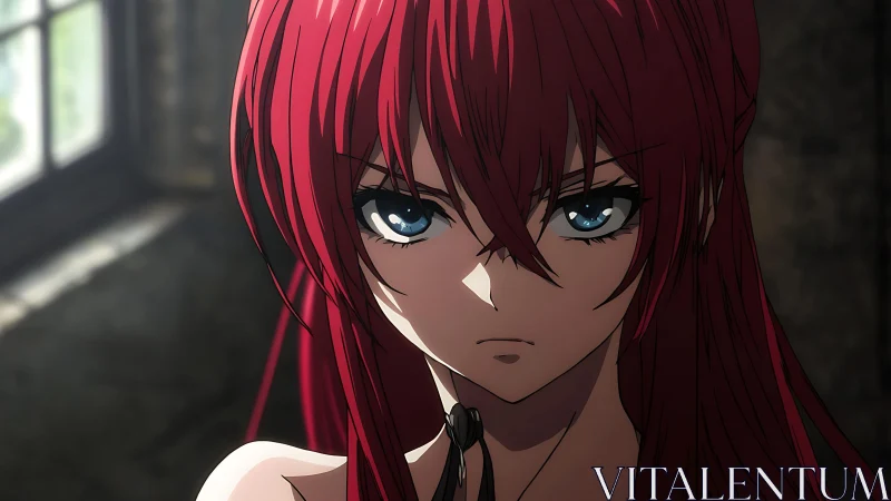 Stoic red haired anime warrior in moody interior light.