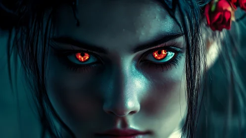 Fiery-eyed sorceress stares through cool cinematic shadows.