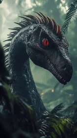 Crimson-eyed jungle raptor stalks through misty primeval hush.