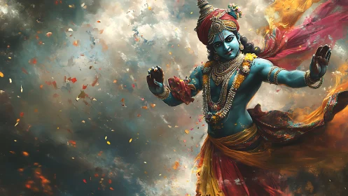 Blue-skinned deity figure in dynamic dance against cloudy sky