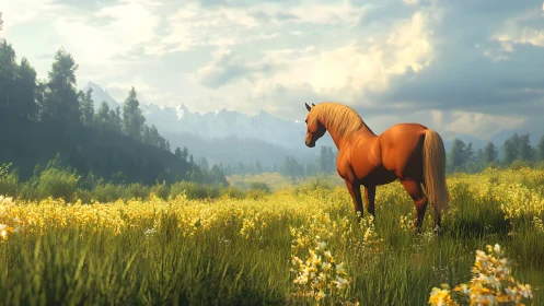 Digital pastoral equine study in sunlit alpine meadow.