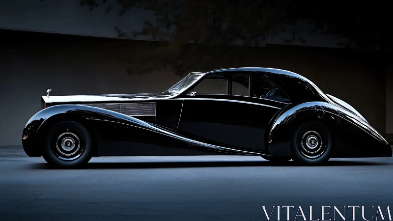Streamlined vintage black coupe in dramatic side profile.