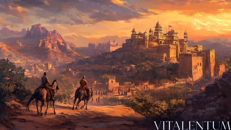 Sunlit hilltop castle welcomes travelers at golden sunset.