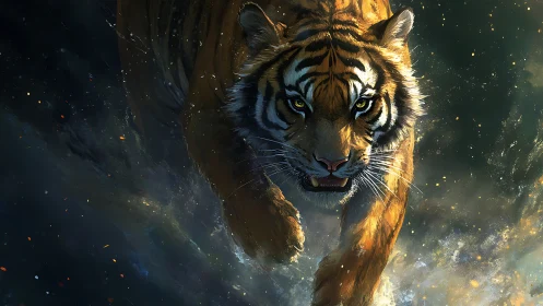 Tiger moves forward through abstract illuminated water field