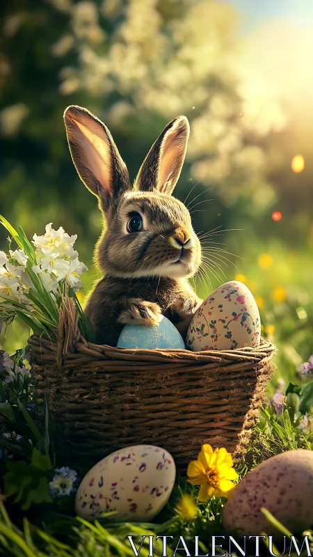 Sunlit spring bunny nestled among colorful Easter eggs.