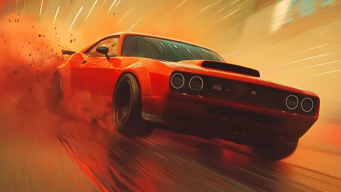 Red muscle car drifting through dust and light streaks scene.