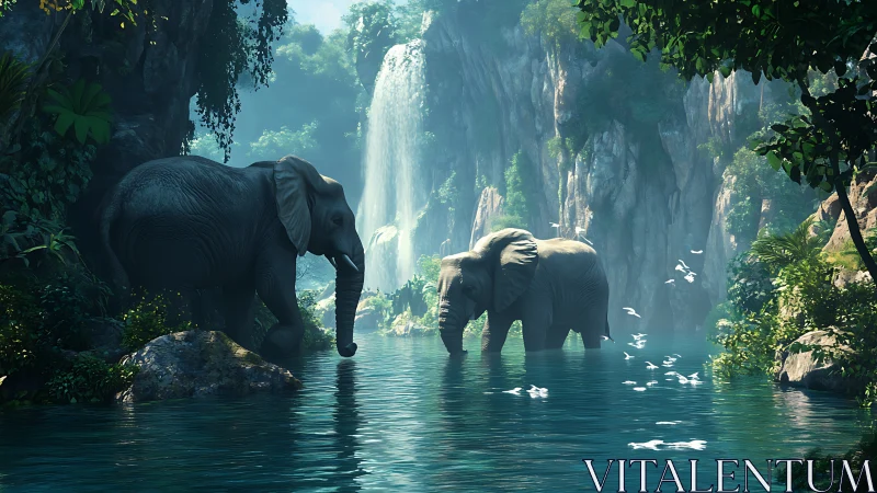 Elephants standing in clear jungle pool below tall waterfall.
