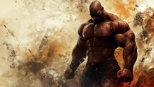 Hyper-muscular warrior emerges from abstract infernal haze