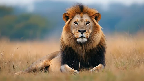 Male lion in savanna grassland under shallow depth of field.