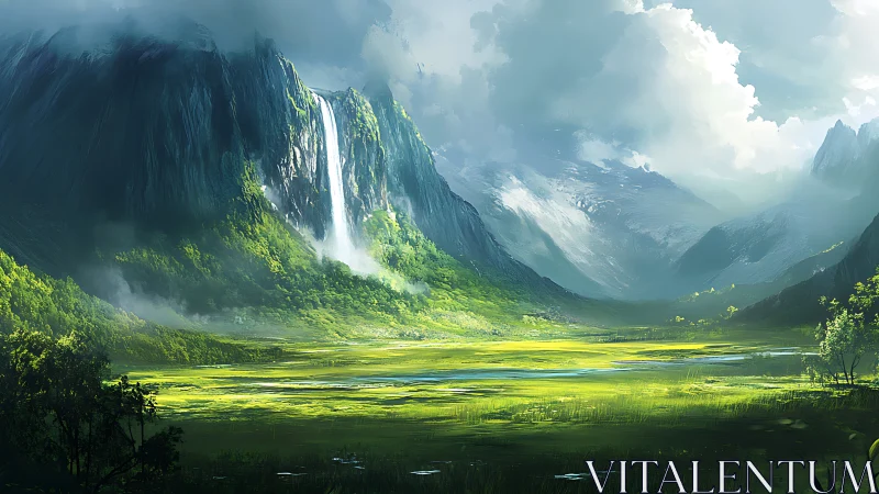 Emerald valley hush beneath thundering crystal waterfall.