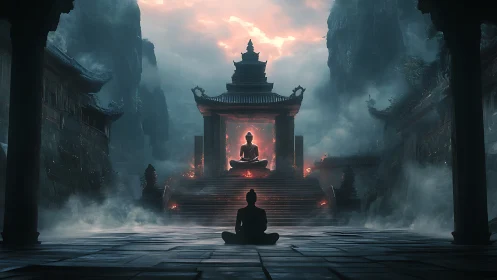 Emberlit Temple of Echoed Meditation in the Mistbound Vale.