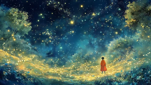 Child in red coat under dense glowing starry forest sky.