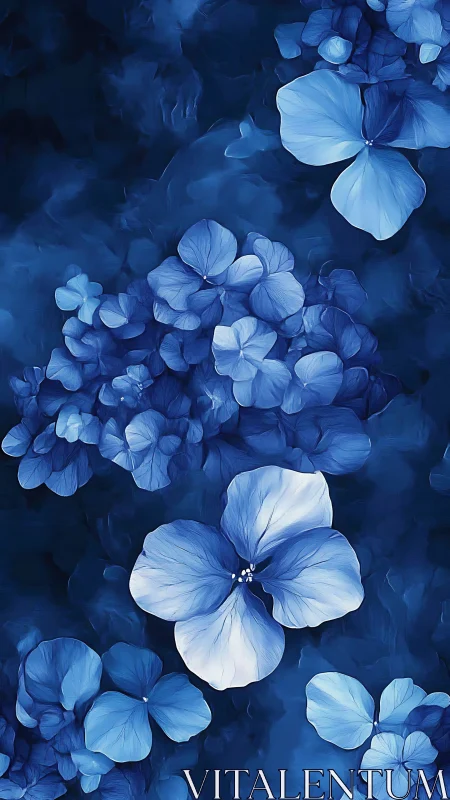 Luminous Blue Hydrangea Composition Rendered with Chiaroscuro Depth