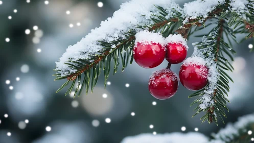 Snow covered evergreen branch holds bright red berries