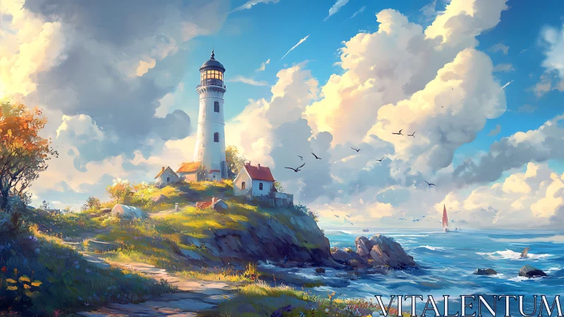 Lighthouse Structure on Coastal Hilltop with Atmospheric Clouds