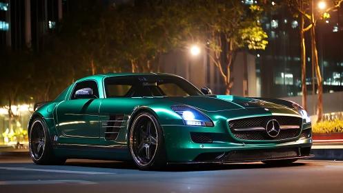 Emerald Mercedes-Benz SLS AMG low stance on city street.