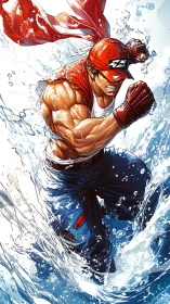 Determined street fighter bursts through crashing waves in red.