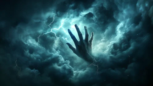 Stormlit phantom hand clawing through electric midnight sky.