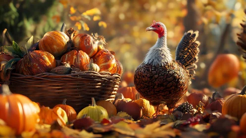 Autumn turkey beside wicker basket of pumpkins in soft bokeh.