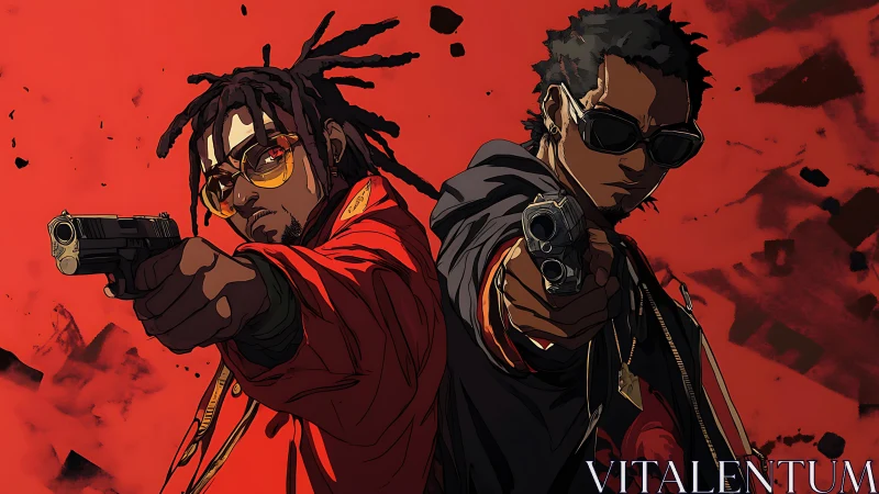 Street duo framed in dynamic red with guns drawn forward.