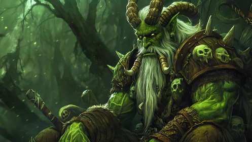 Horned green orc warlord sits in a dark skull-covered forest