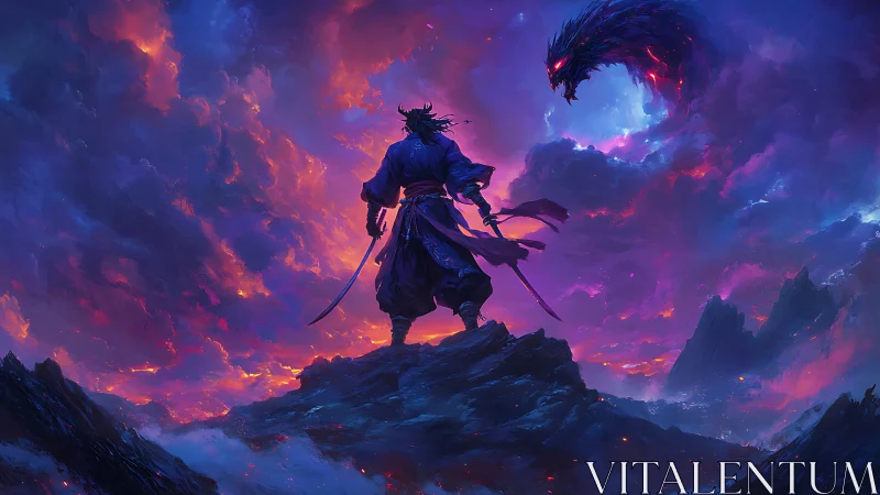 Samurai figure stands on rocky peak beneath draconic cloud form