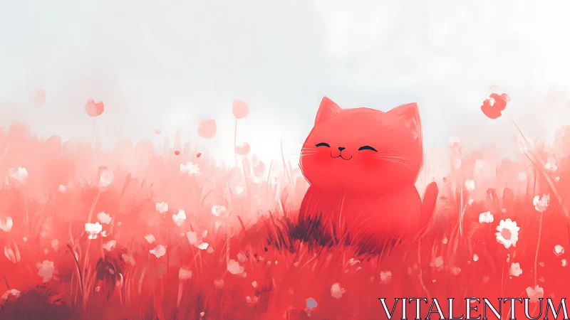 A Red Cat Smiling in a Dreamy Poppy Meadow.