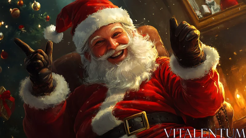 Santa leans back laughing while the fireplace hums quietly