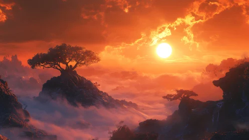 Fiery sunset over misty mountains with solitary trees.