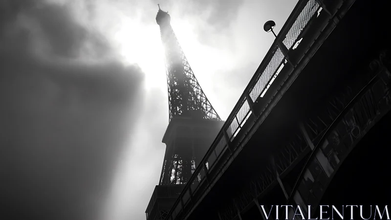 Backlit Eiffel Tower silhouette beneath brooding clouds.