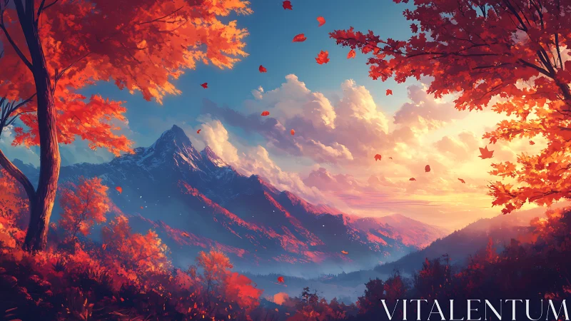 Fiery autumn valley glows beneath snowcapped twilight peaks.